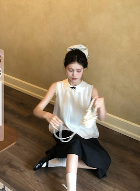 桃可了《古董小纱》兜兜下摆娃娃领衬衣薄纱温柔气质无袖上衣夏季