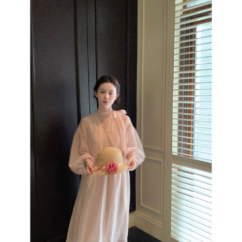 桃可了 雾桃纱颂 柔纱双层轻盈法式宽松显瘦小个子温柔长袖连衣裙