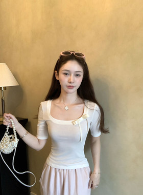 桃可了《柔软序曲》天丝羊毛芭蕾u领短袖T恤女收腰显瘦短款上衣女