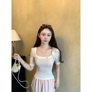 桃可了《柔软序曲》天丝羊毛芭蕾u领短袖T恤女收腰显瘦短款上衣女