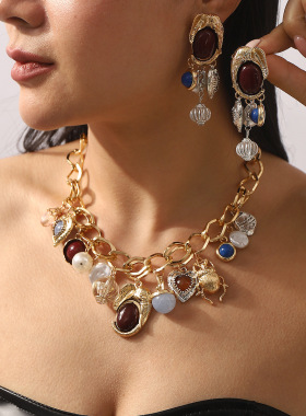欧美复古几何珍珠宝石耳环项链