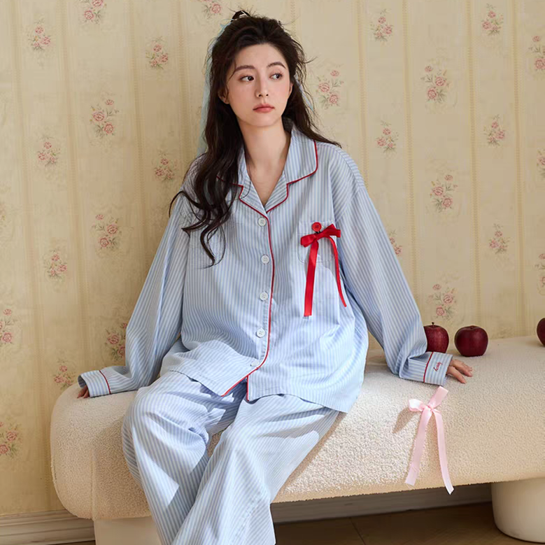 黛梦思甜美睡衣女春秋季纯棉长袖家居服秋冬宽松大码宽松开衫套装