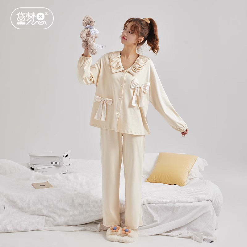 甜美睡衣女春秋季纯棉长袖家居服可外穿高级感蝴蝶结超柔软套装冬