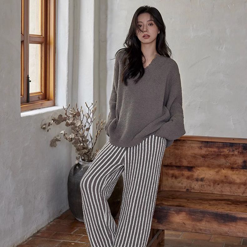 高级感半边绒睡衣女款秋冬季条纹可外穿珊瑚绒情侣家居服春套装男