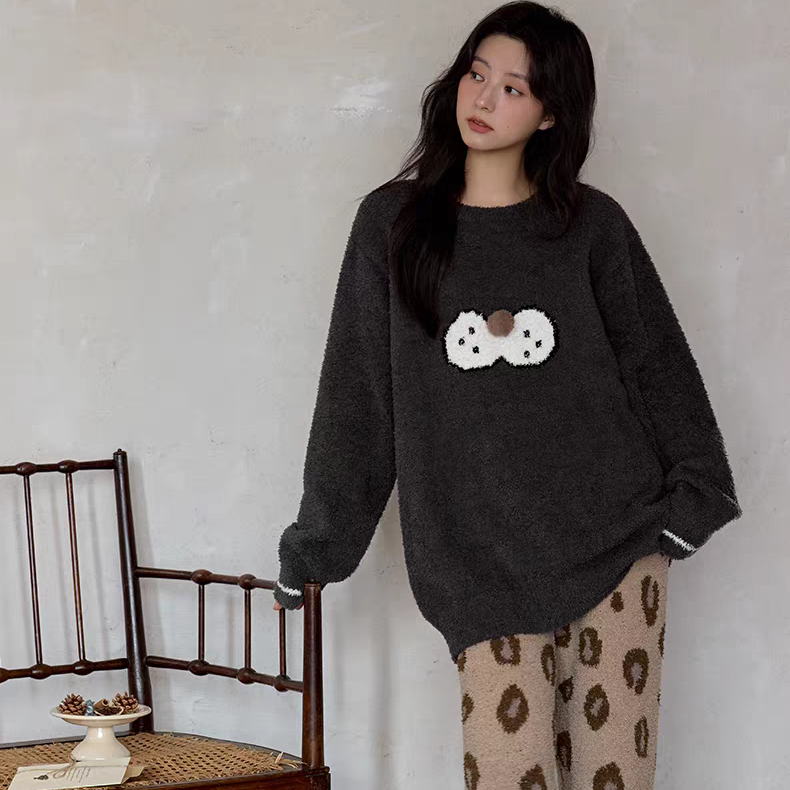 黛梦思半边绒睡衣女冬季加厚保暖珊瑚绒家居服大码休闲可外穿套装