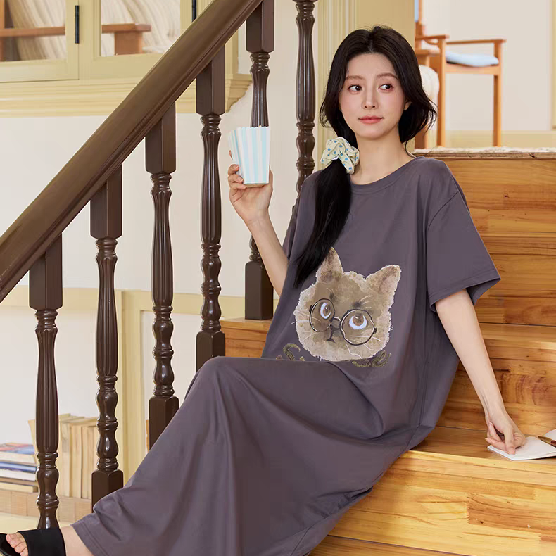 黛梦思慵懒风睡裙女夏季纯棉圆领短袖卡通家居服可外穿长款睡衣女