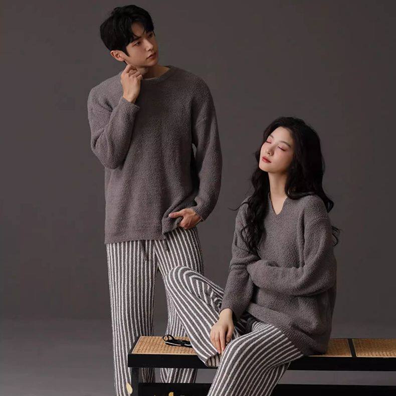 黛梦思半边绒情侣睡衣男款秋冬季加厚珊瑚绒女士家居服可外穿套装