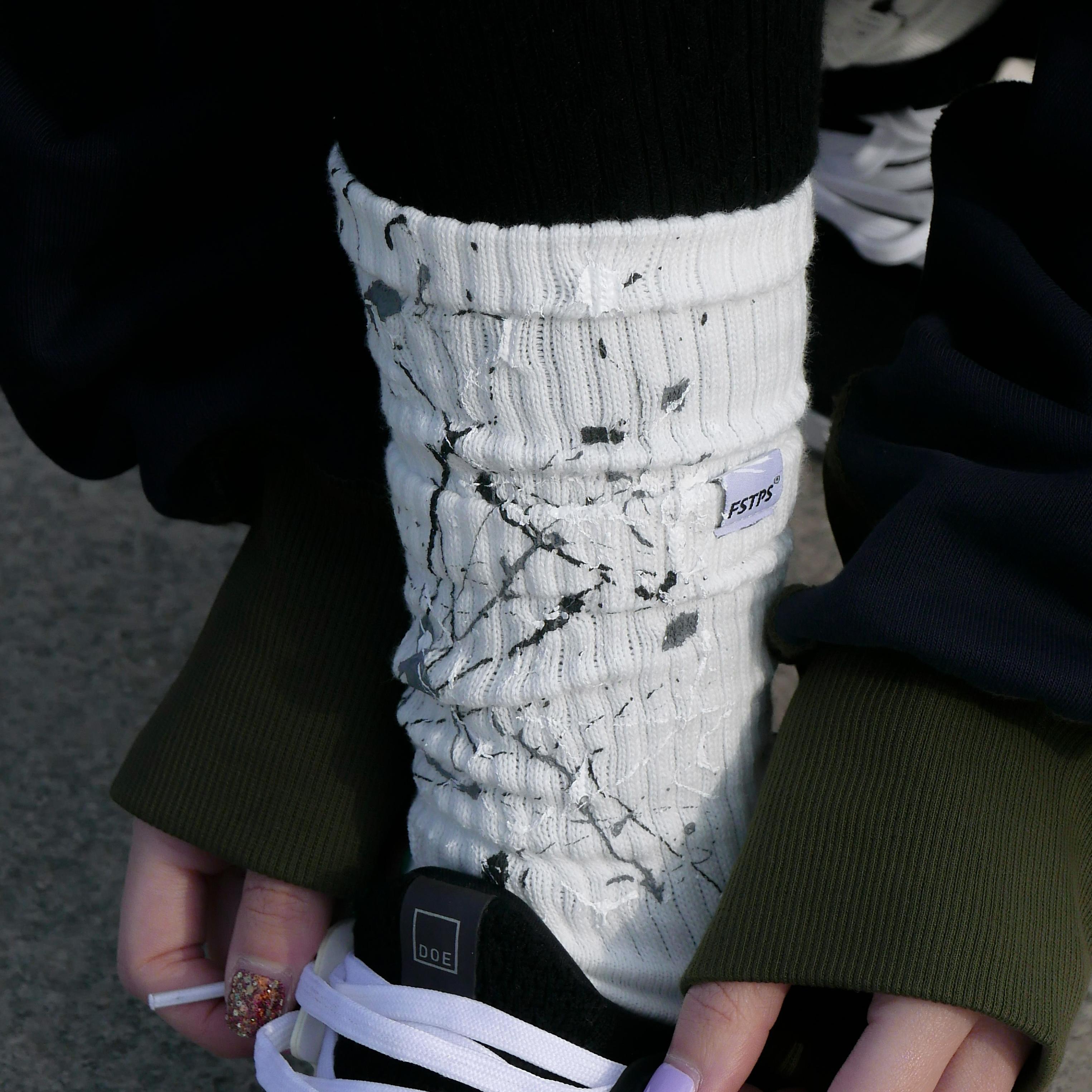 FSTPS假两层泼墨袜长筒彩色拼接运动袜毛圈底艺术生设计感穿搭