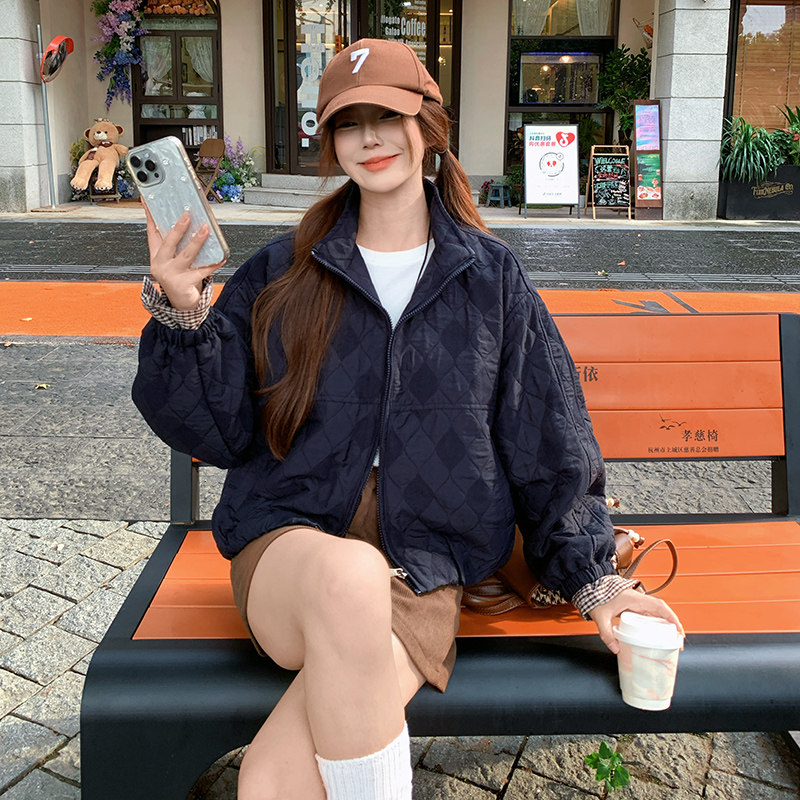 巨好看格纹拼接藏青色棉衣棉服女冬季2025新款独特超好看显瘦外套图片