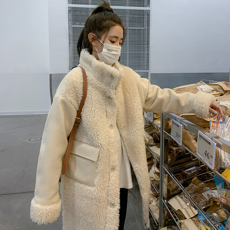 毛呢拼接羊羔毛羽绒服女中长款2025新款韩系保暖加厚白鸭绒呢外套图片