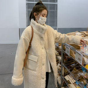 毛呢拼接羊羔毛羽绒服女中长款2025新款韩系保暖加厚白鸭绒呢外套图片