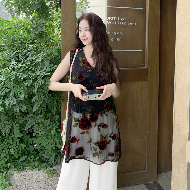 复古气质提花网纱上衣两件套女2025夏季日系新款宽松休闲裤套装潮,女装套装/套裙,2D118