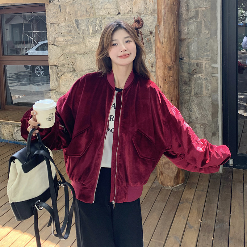 设计感金丝绒棒球服短外套女2025春秋季新款韩版宽松显瘦夹克上衣图片