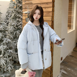蓝色连帽短款羽绒服女2025新款韩系洋气时髦保暖宽松白鸭绒面包服，女装羽绒服，2D118