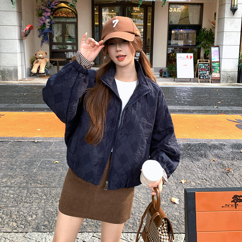 巨好看格纹拼接藏青色棉衣棉服女冬季2025新款独特超好看显瘦外套图片
