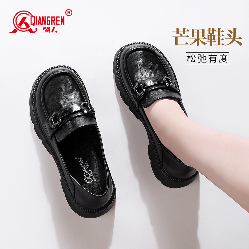 强人3515女鞋厚底乐福鞋真皮一脚蹬JK单鞋英伦小皮鞋学院风2025春