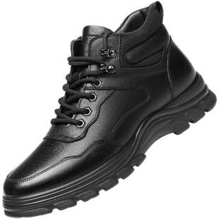 强人3515男鞋冬季保暖毛皮鞋运动皮鞋黑色加绒高帮棉鞋旅游鞋厚底