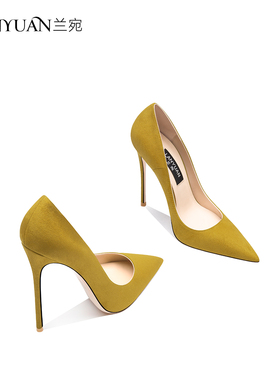 12厘米高跟鞋女2024新款春秋黄色绒面绝美小众晚礼服尖头细跟单鞋