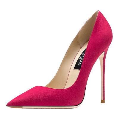 兰宛2024春秋新款高跟鞋女玫红色绒面小众尖头12厘米细跟性感单鞋