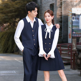 学院风深蓝色马甲套装男女职业装酒店前台工作服长袖V领