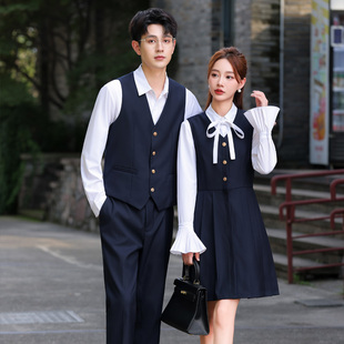 学院风深蓝色V领长袖工作服套装男女职业装酒店服务员制服