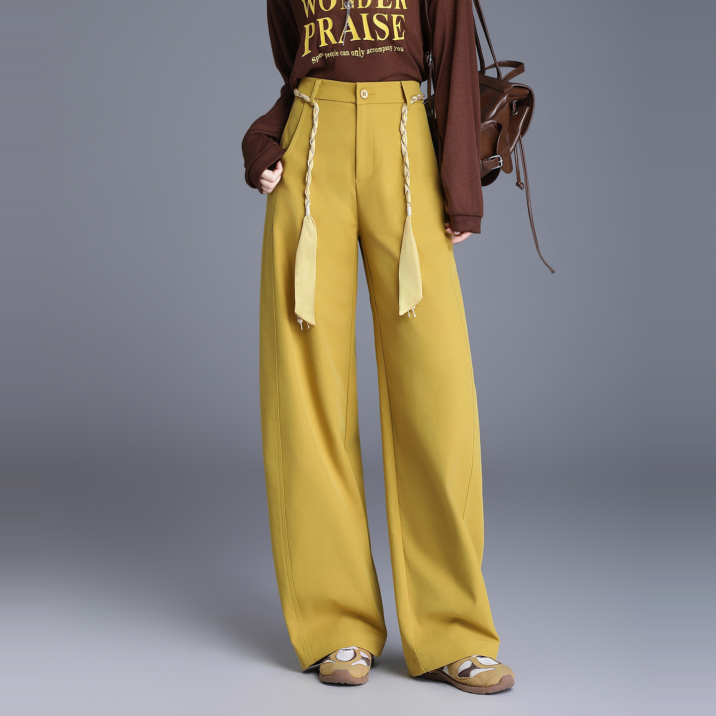 高腰弯刀阔腿裤女宽松显瘦垂感休闲裤2026年春季系带黄色直筒长裤