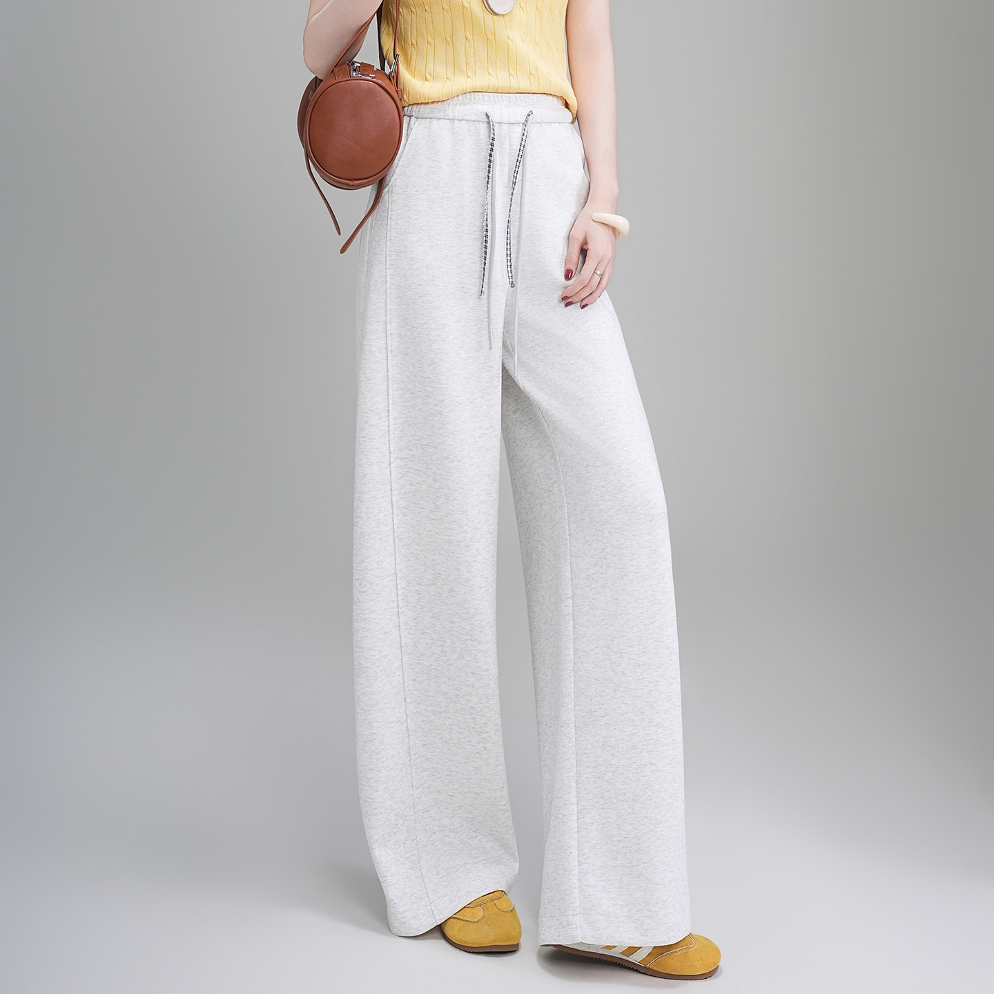 极简风高腰阔腿裤女垂感系带宽松显瘦长裤2026春季直筒运动休闲裤