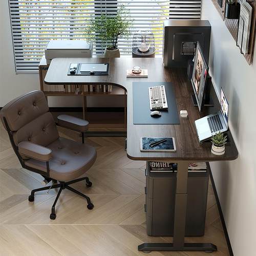 I1书房家用L型电脑桌胡桃转角实木电动升降书桌简约站立拐角办公