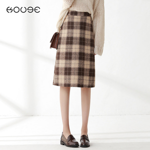 高腰包臀格子毛呢半身裙
