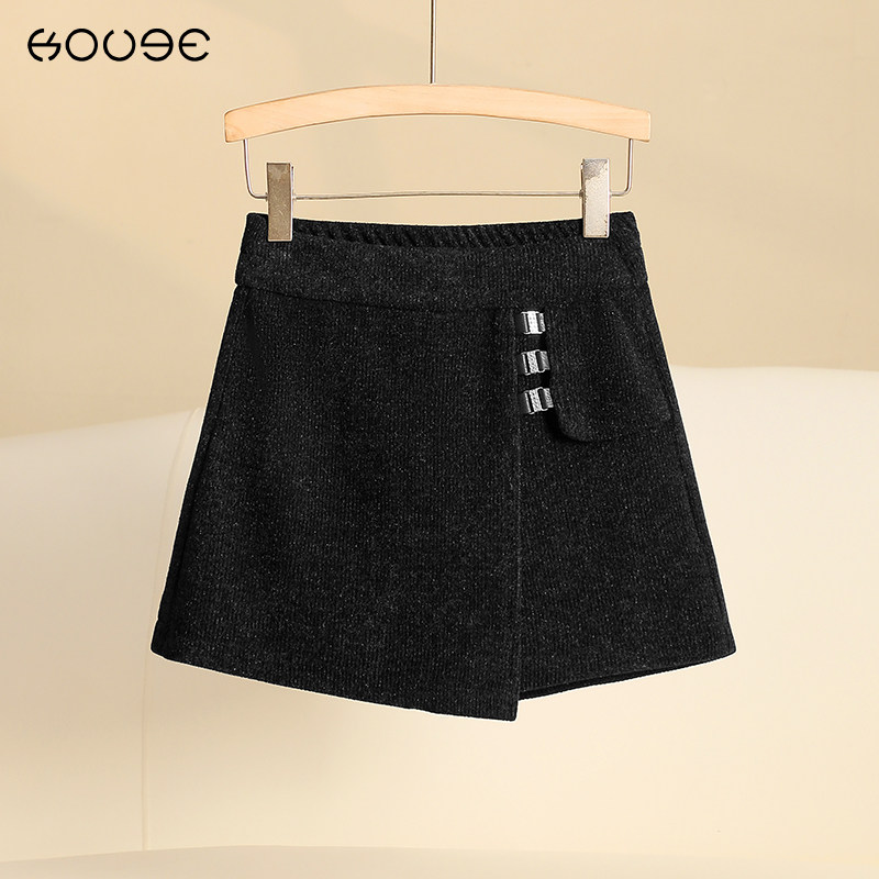 水貂绒黑色裙裤女秋冬短裤2023新款松紧腰a字阔腿小个子外穿靴裤