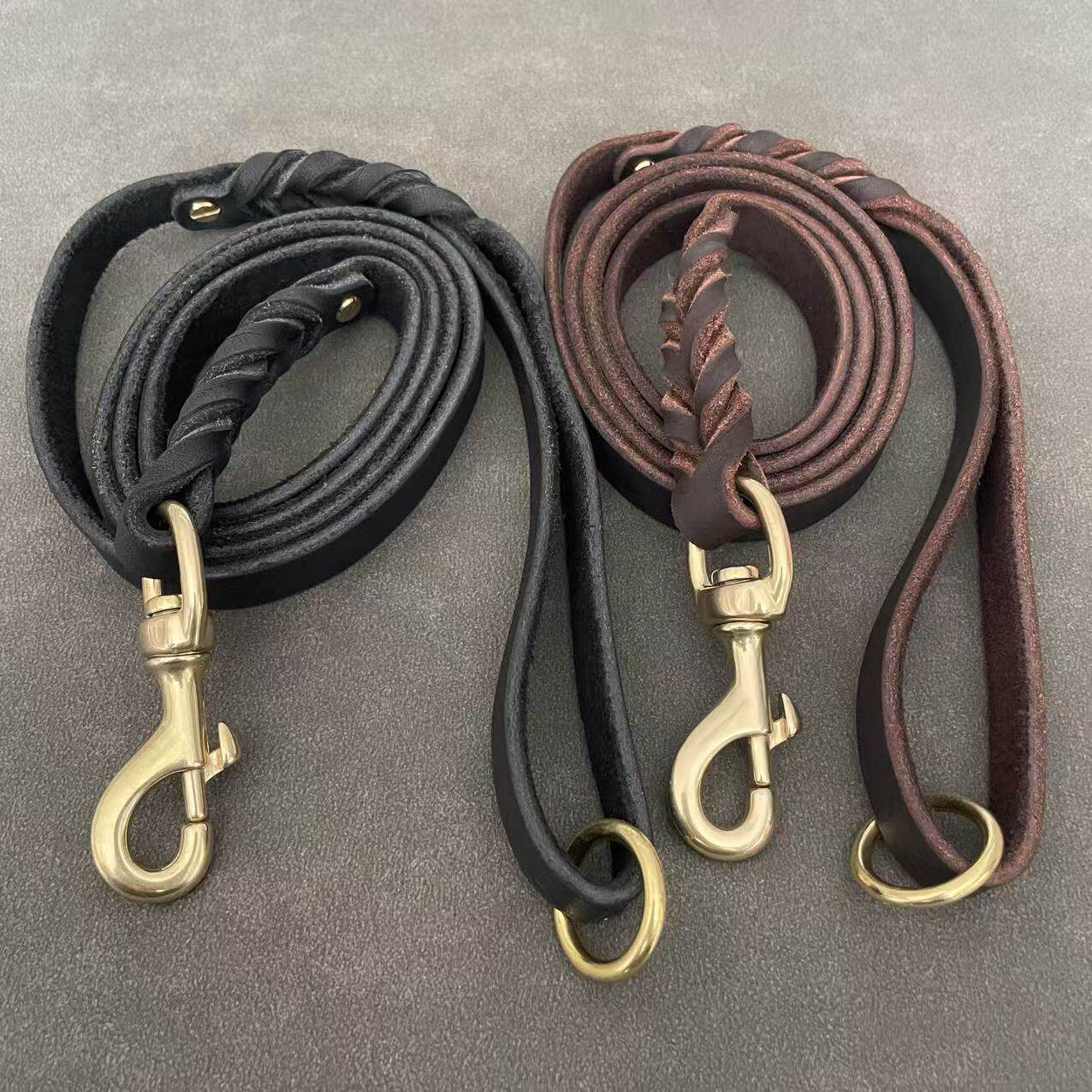 1.5宽黄铜钩牛皮牵引绳中大型犬专用宠物遛狗绳德牧马犬杜宾狗链