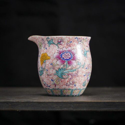 珐琅莲韵元宝茶海粉公道杯中式描金陶瓷分茶器松石绿地釉下彩公杯