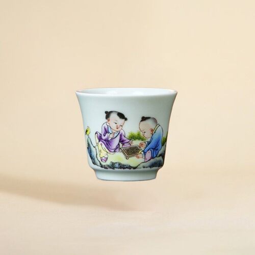 乐在棋中马蹄杯童趣彩瓷茶杯功夫茶具品茗杯主人杯办公家用客杯子