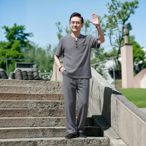 0724款夏季中年男装亚麻套装宽松休闲爸爸短袖中老年棉麻爷爷P85