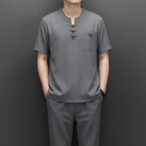 0724款夏季中年男装亚麻套装宽松休闲爸爸短袖中老年棉麻爷爷P85