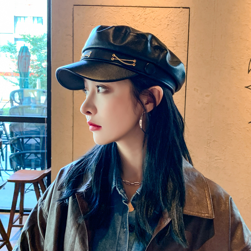 黑色八角帽英伦复古pu皮秋冬时尚显脸小皮帽子百搭鸭舌贝雷帽男女