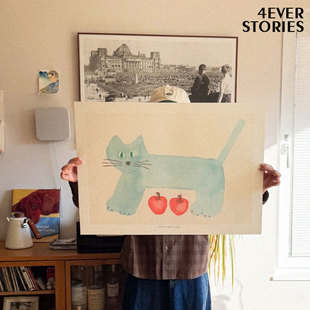 4ES |水彩小猫 手绘卡通动物水果 艺术海报 极简原木实木装饰画框