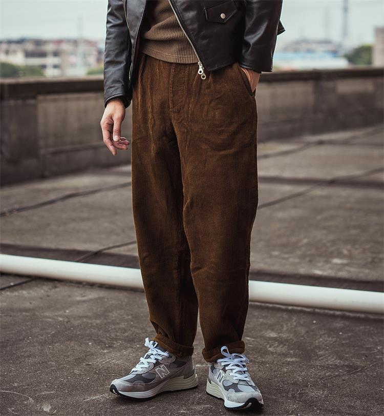 灯芯绒蓝染高腰萝卜裤