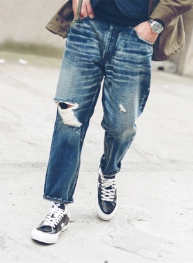 HDK(海觉) 破洞手工日本水洗宽松八分牛仔裤男潮牌日系赤耳 MDNS