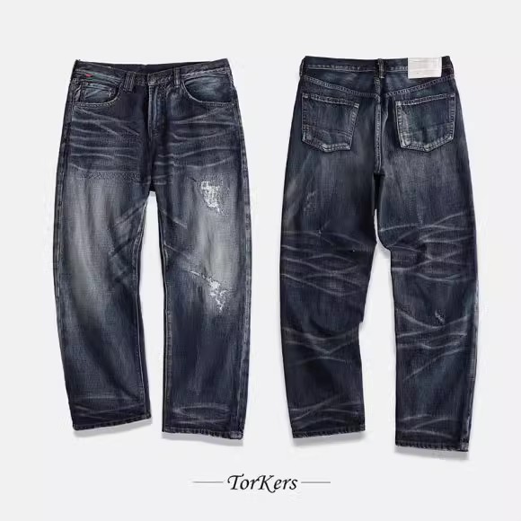 复古补丁破坏猫须牛仔裤拉链长裤