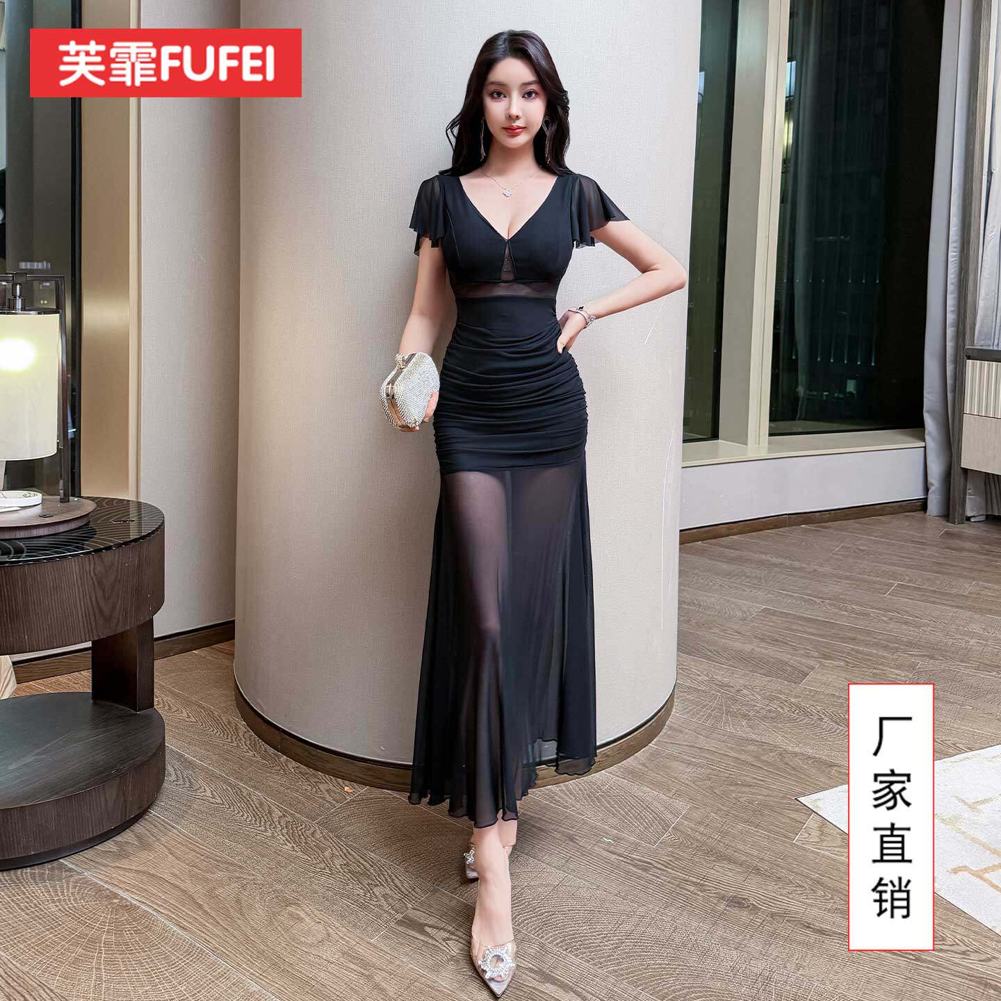 夜总店性感连衣裙女名媛风网纱透视晚礼服长裙显瘦柔式技师工作服