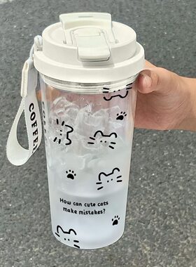 婵盈可爱猫咪保温杯大容量双饮咖啡杯高颜值女生便携车载吸管水杯