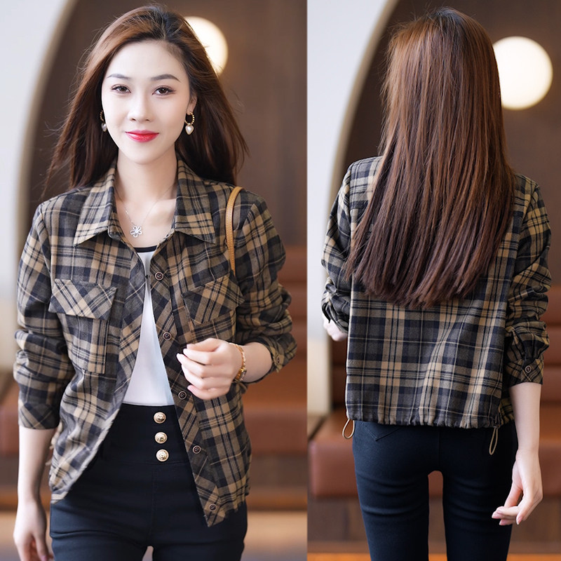 高档长袖格子衬衫外套女春夏新款短版衬衫夏季显瘦韩版女士上衣,女装/女士精品,衬衫,淘宝优惠券,粉丝福利购,淘宝优惠卷