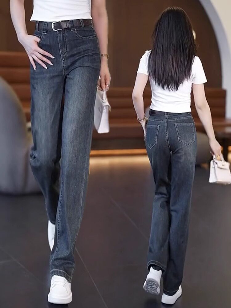 高档纯棉水泥灰牛仔裤女长裤秋冬加绒窄版阔腿裤显瘦小个子直筒裤