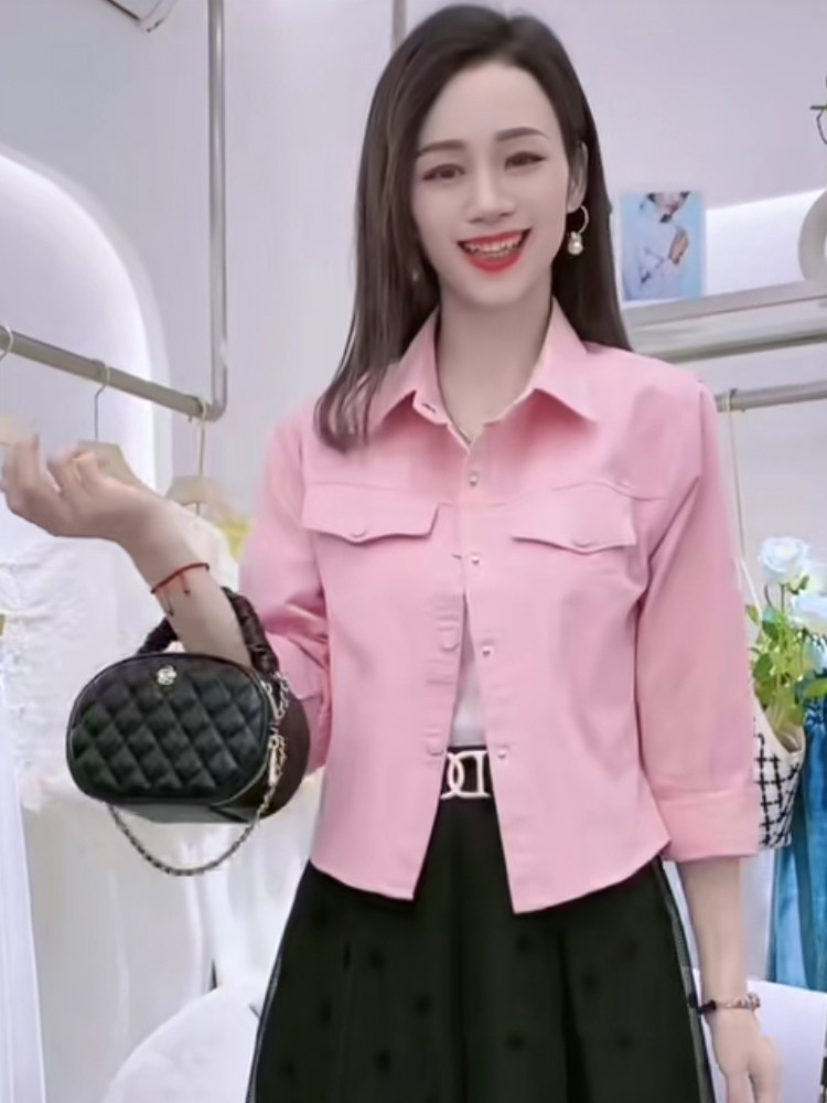 高档小个子时尚短款衬衫女装衬衣春秋季新款洋气短夹克上衣短装