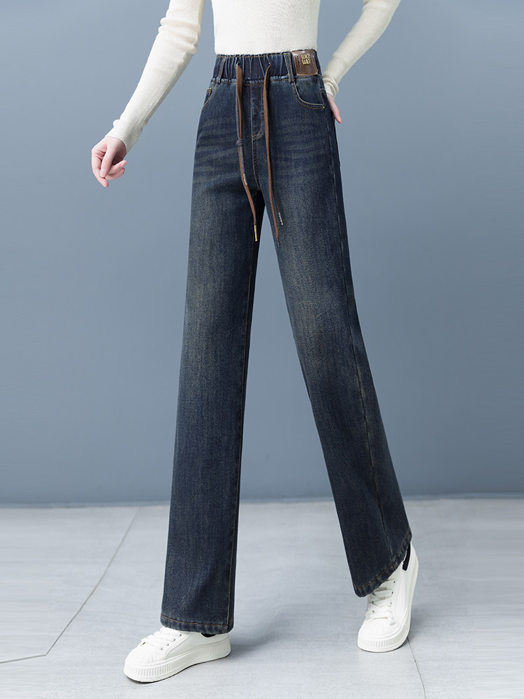 高档春秋新款垂顺柔软阔腿牛仔裤女长裤新款高腰松紧腰长裤直筒裤