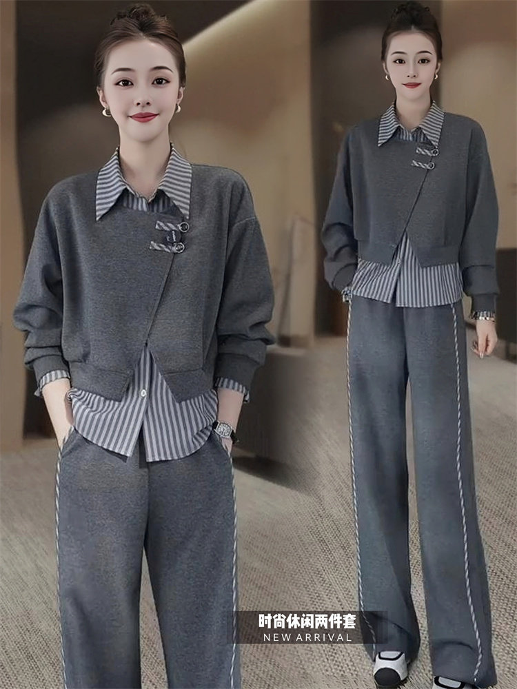 高档休闲时尚套装女春秋新款假两件拼接上衣显瘦阔腿裤气质两件套