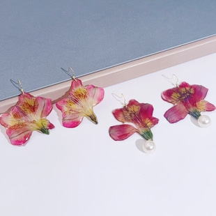 天然六出花真花滴胶耳环 手工干花压花耳饰 小众设计感珍珠耳坠