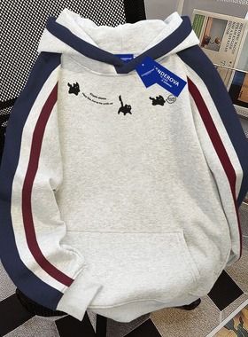 秋冬款趣味宽松连帽卫衣男女美式复古感黑色小猫印花拼接套头上衣