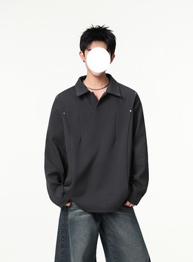 深灰色美式拼接长袖polo衫翻领卫衣男秋季廓形正肩t恤内搭打底衫